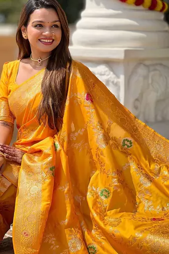 Yellow ethnic motifs printed zari kanjeevaram saree