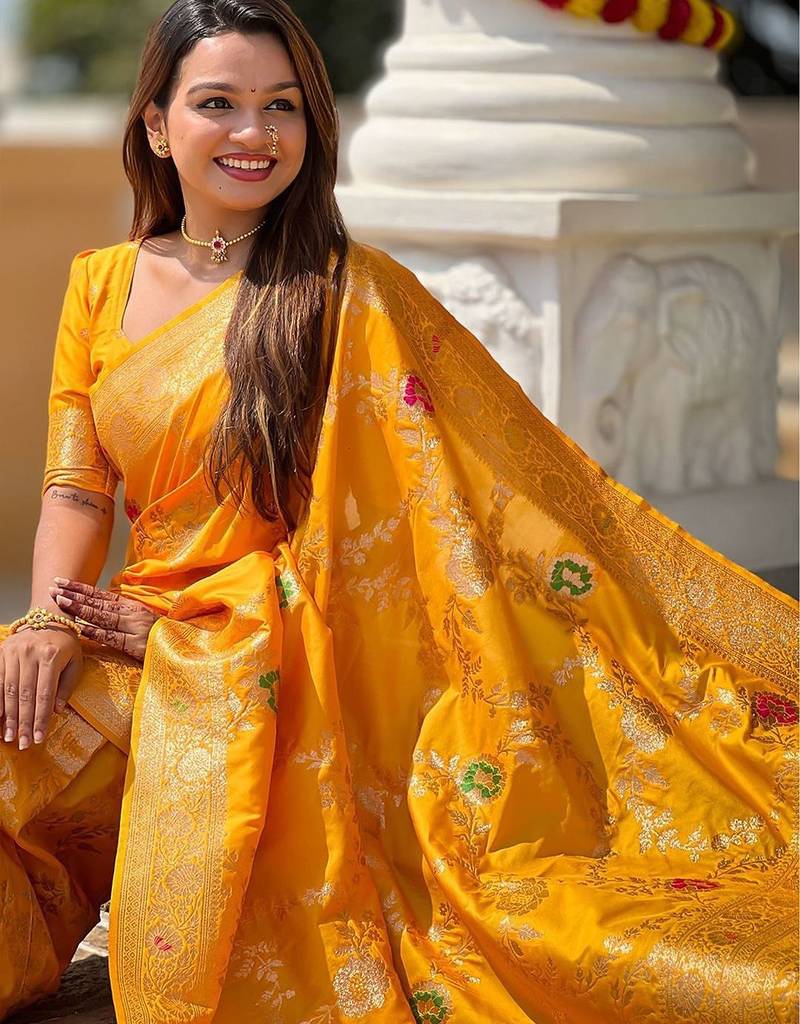 Yellow ethnic motifs printed zari kanjeevaram saree