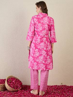 Pink printed cotton kurta trouser set 2