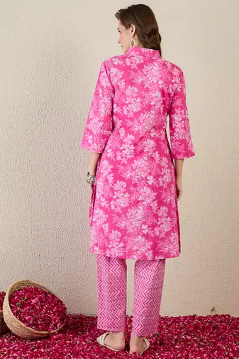 Pink printed cotton kurta trouser set