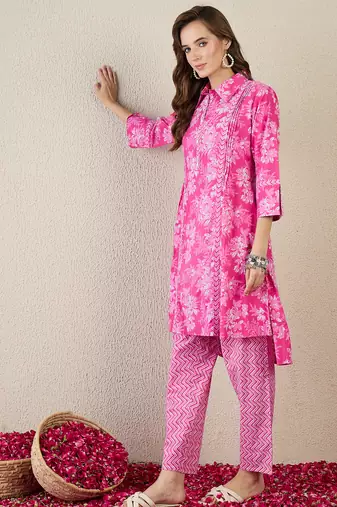 Pink printed cotton kurta trouser set