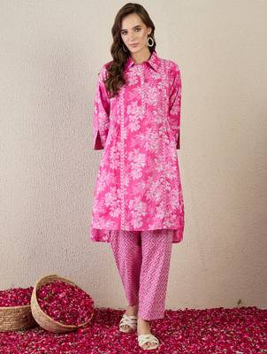 Pink printed cotton kurta trouser set 4