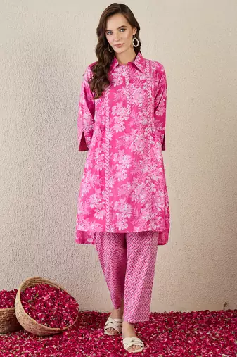 Pink printed cotton kurta trouser set
