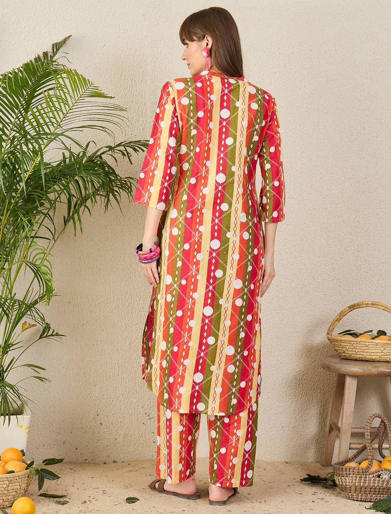 Multicolor printed cotton kurta trouser set