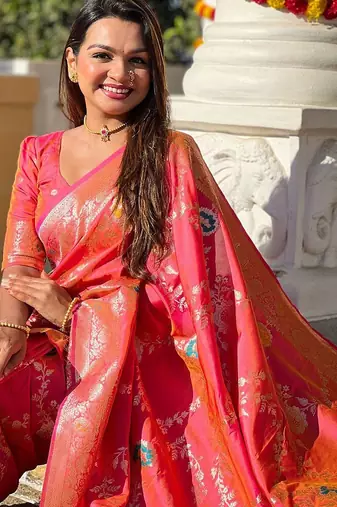 Peach peach woven design zari kanjeevaram saree