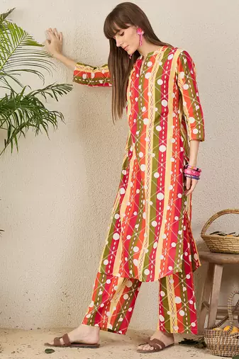 Multicolor printed cotton kurta trouser set