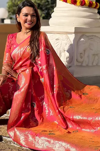 Peach peach woven design zari kanjeevaram saree