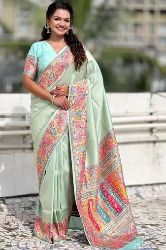Green floral zari silk blend designer banarasi saree