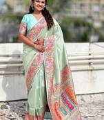 Green floral zari silk blend designer banarasi saree