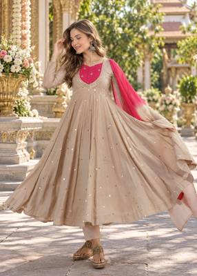 Beige roman silk readymade anarkali suit with embroidery & sequence work 1