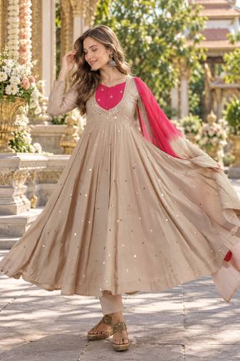 Beige roman silk readymade anarkali suit with embroidery & sequence work