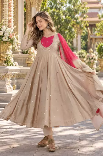 Beige roman silk readymade anarkali suit with embroidery & sequence work