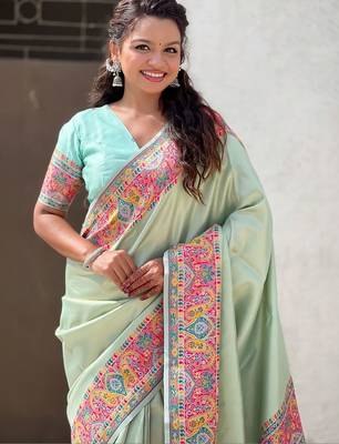 Green floral zari silk blend designer banarasi saree 2