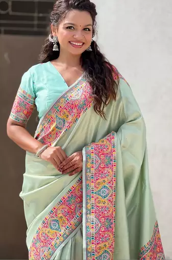 Green floral zari silk blend designer banarasi saree