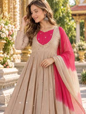 Beige roman silk readymade anarkali suit with embroidery & sequence work 2
