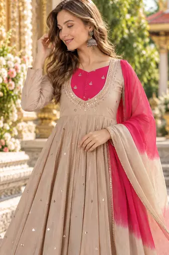 Beige roman silk readymade anarkali suit with embroidery & sequence work