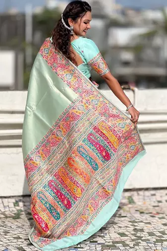 Green floral zari silk blend designer banarasi saree