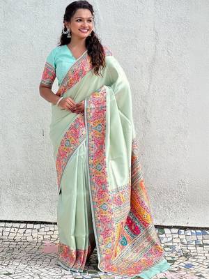 Green floral zari silk blend designer banarasi saree 4