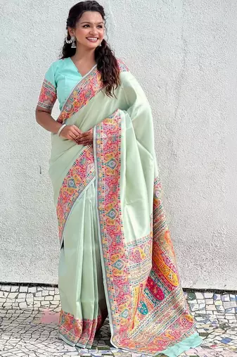 Green floral zari silk blend designer banarasi saree