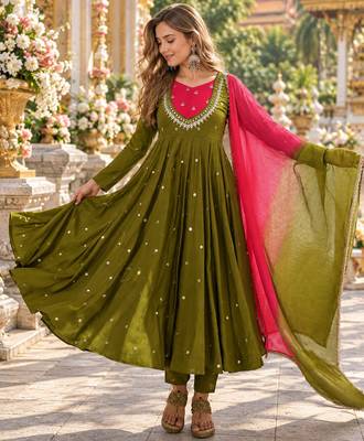 dark olive roman silk readymade anarkali suit with embroidery & sequence work 1