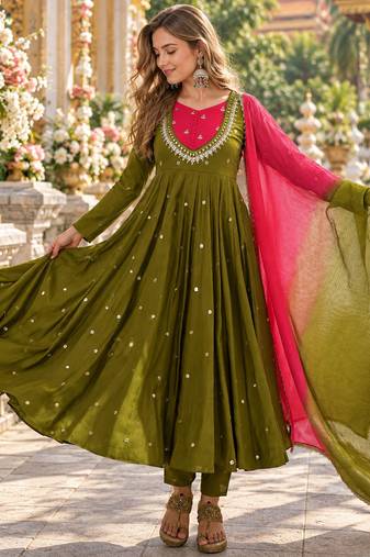 dark olive roman silk readymade anarkali suit with embroidery & sequence work
