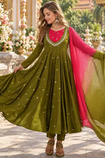 dark olive roman silk readymade anarkali suit with embroidery & sequence work