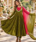 dark olive roman silk readymade anarkali suit with embroidery & sequence work