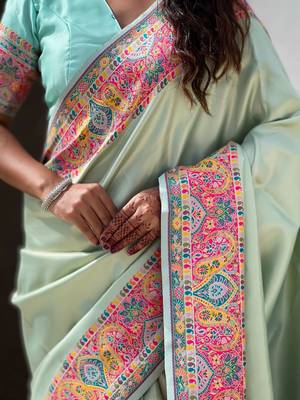 Green floral zari silk blend designer banarasi saree 5
