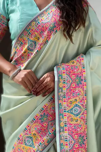 Green floral zari silk blend designer banarasi saree