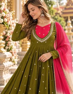 dark olive roman silk readymade anarkali suit with embroidery & sequence work 2