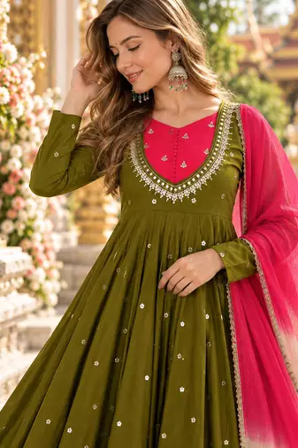 dark olive roman silk readymade anarkali suit with embroidery & sequence work