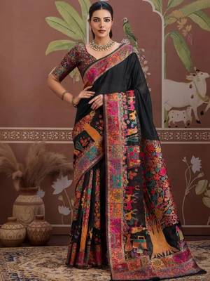 Black ethnic motifs zari silk blend heavy work banarasi saree 1