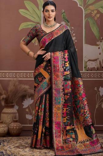 Black ethnic motifs zari silk blend heavy work banarasi saree