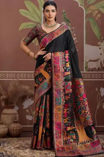 Black ethnic motifs zari silk blend heavy work banarasi saree