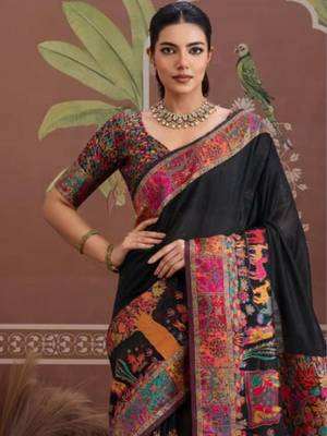 Black ethnic motifs zari silk blend heavy work banarasi saree 2