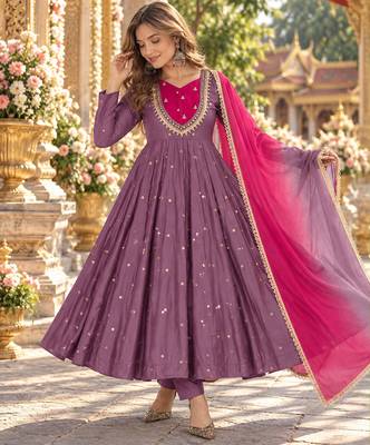 Lavender roman silk readymade anarkali suit with embroidery & sequence work 1