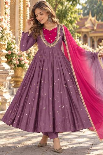 Lavender roman silk readymade anarkali suit with embroidery & sequence work