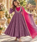 Lavender roman silk readymade anarkali suit with embroidery & sequence work