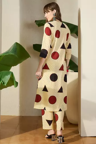 Off white printed cotton kurta trouser set