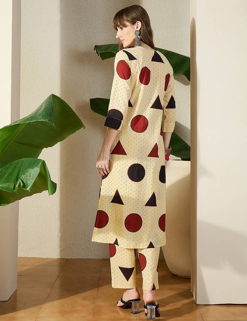 Off white printed cotton kurta trouser set