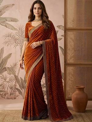 Rust embellished sequinned silk blend saree 1