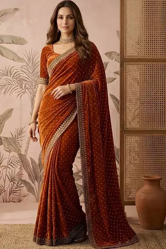 Rust embellished sequinned silk blend saree