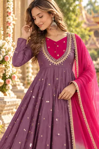 Lavender roman silk readymade anarkali suit with embroidery & sequence work