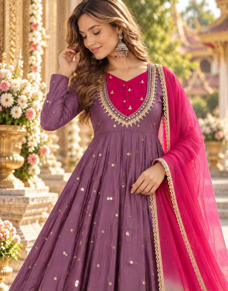 Lavender roman silk readymade anarkali suit with embroidery & sequence work