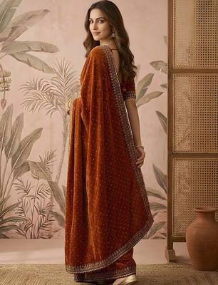 Rust embellished sequinned silk blend saree 2