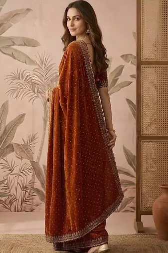 Rust embellished sequinned silk blend saree