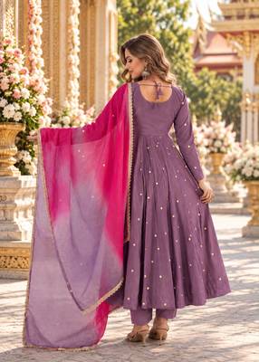 Lavender roman silk readymade anarkali suit with embroidery & sequence work 3