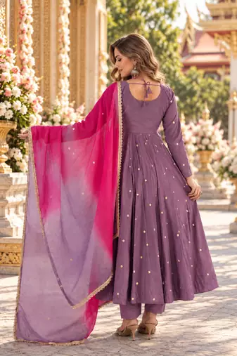 Lavender roman silk readymade anarkali suit with embroidery & sequence work