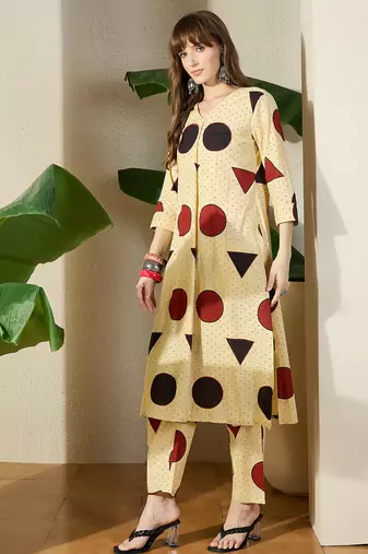Off white printed cotton kurta trouser set