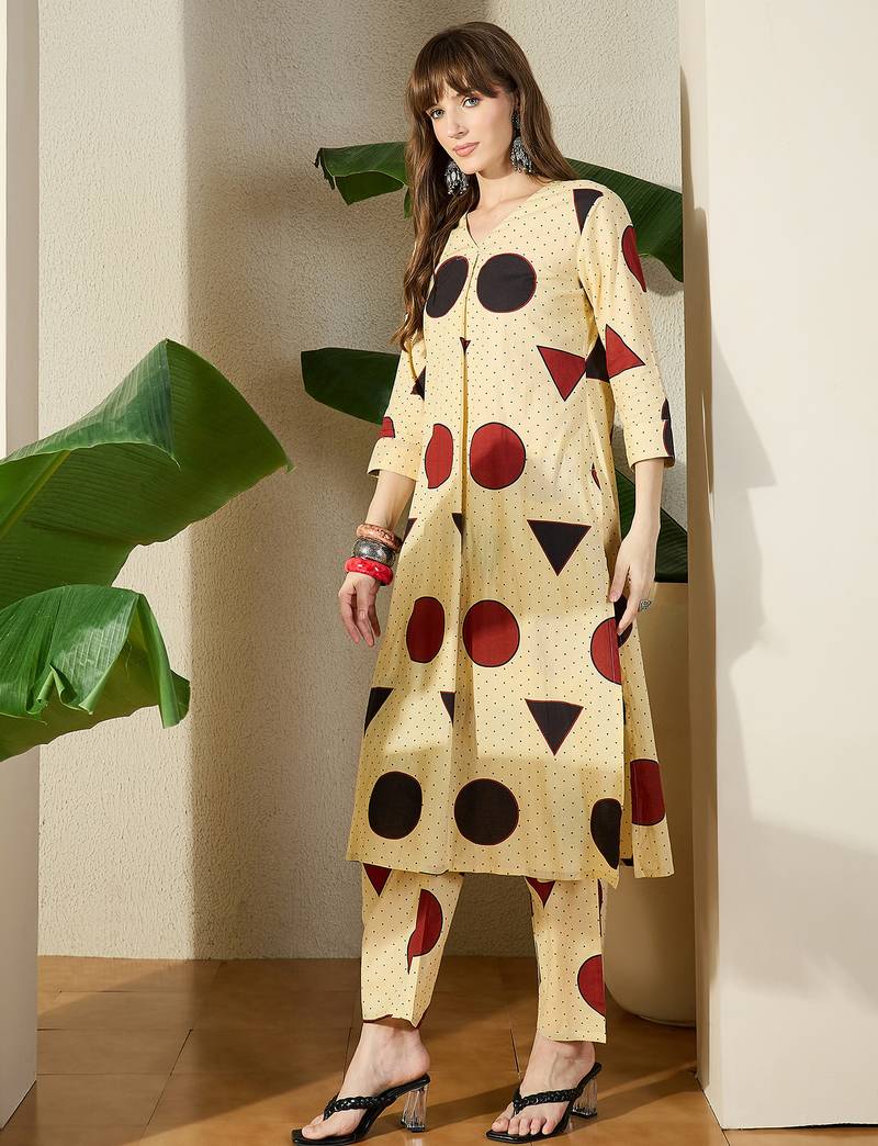 Off white printed cotton kurta trouser set